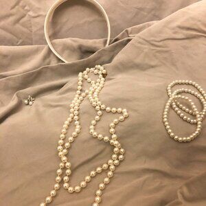 bundle 2 white pearl necklaces, 3 bracelets, earring set, and hair band